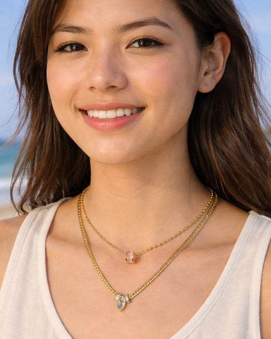 Mira Pink Crystal Bead Gold Necklace