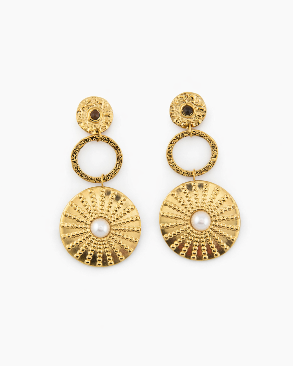 Solara Pearl Disc Gold Drop Earrings