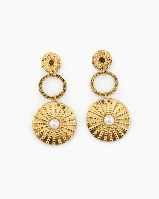 Solara Pearl Disc Gold Drop Earrings
